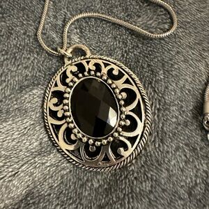 Vintage-Inspired Silver color Filigree Pendant Necklace with Black Faceted Stone